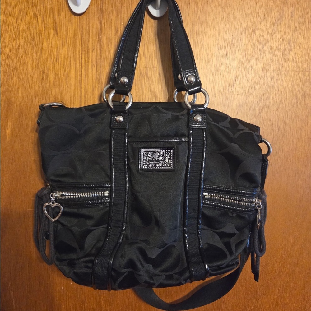 Coach Poppy Signature Satchel with Heart Charm - Black